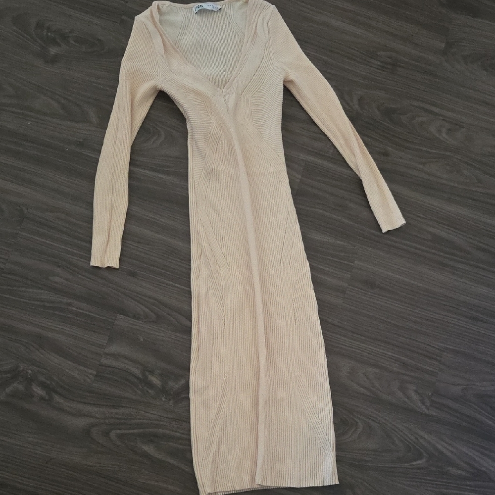 Zara Cream Ribbed V-Neck Long Sleeve Sweater Dress